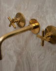 Unlacquered Brass Wall Mounted Bathroom Faucet, Solid Brass Bathroom Faucet With Cross Handle