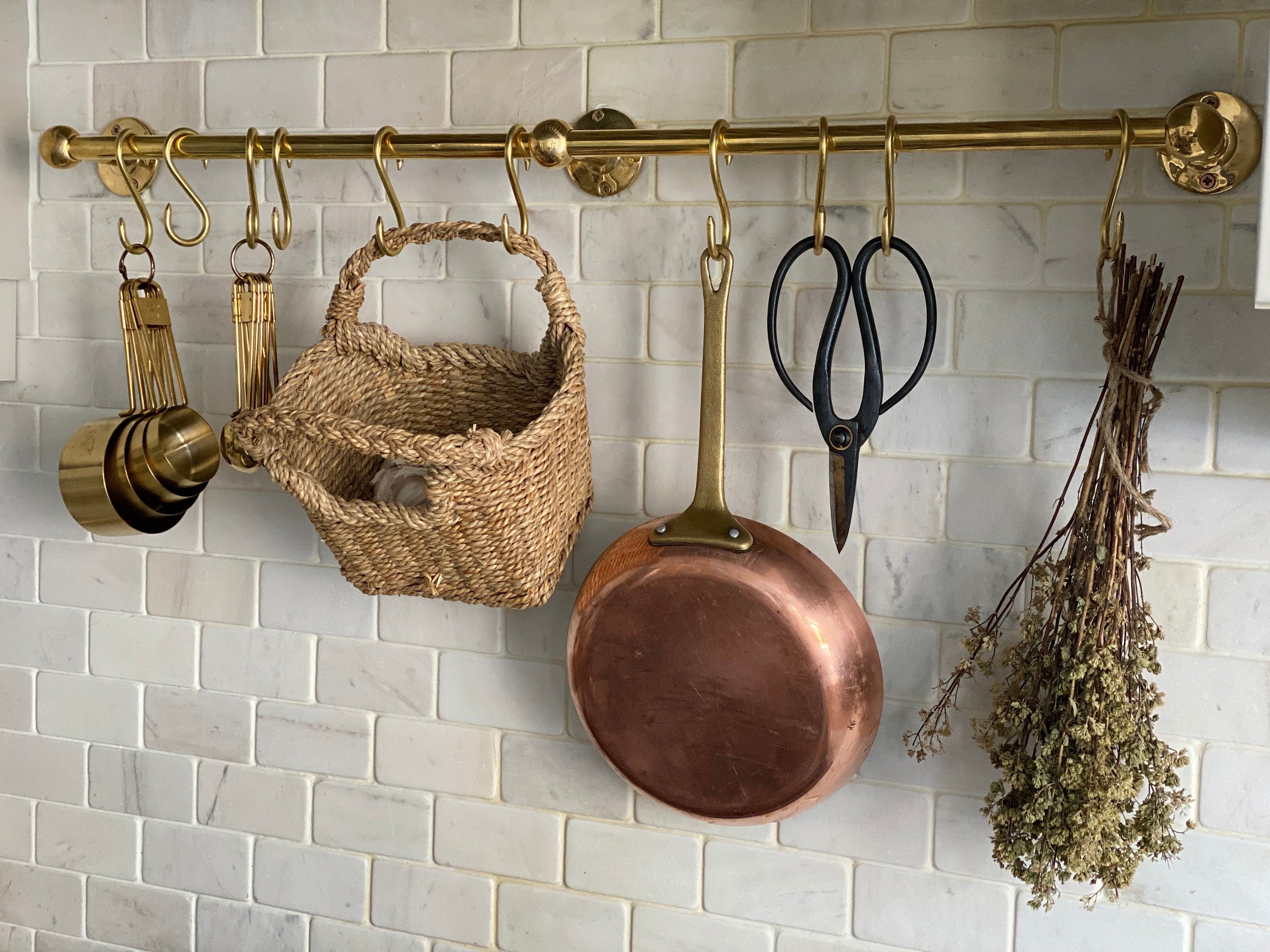Unlacquered Brass Wall Mounted Pot Rack, Brass Kitchen Rail with Hooks